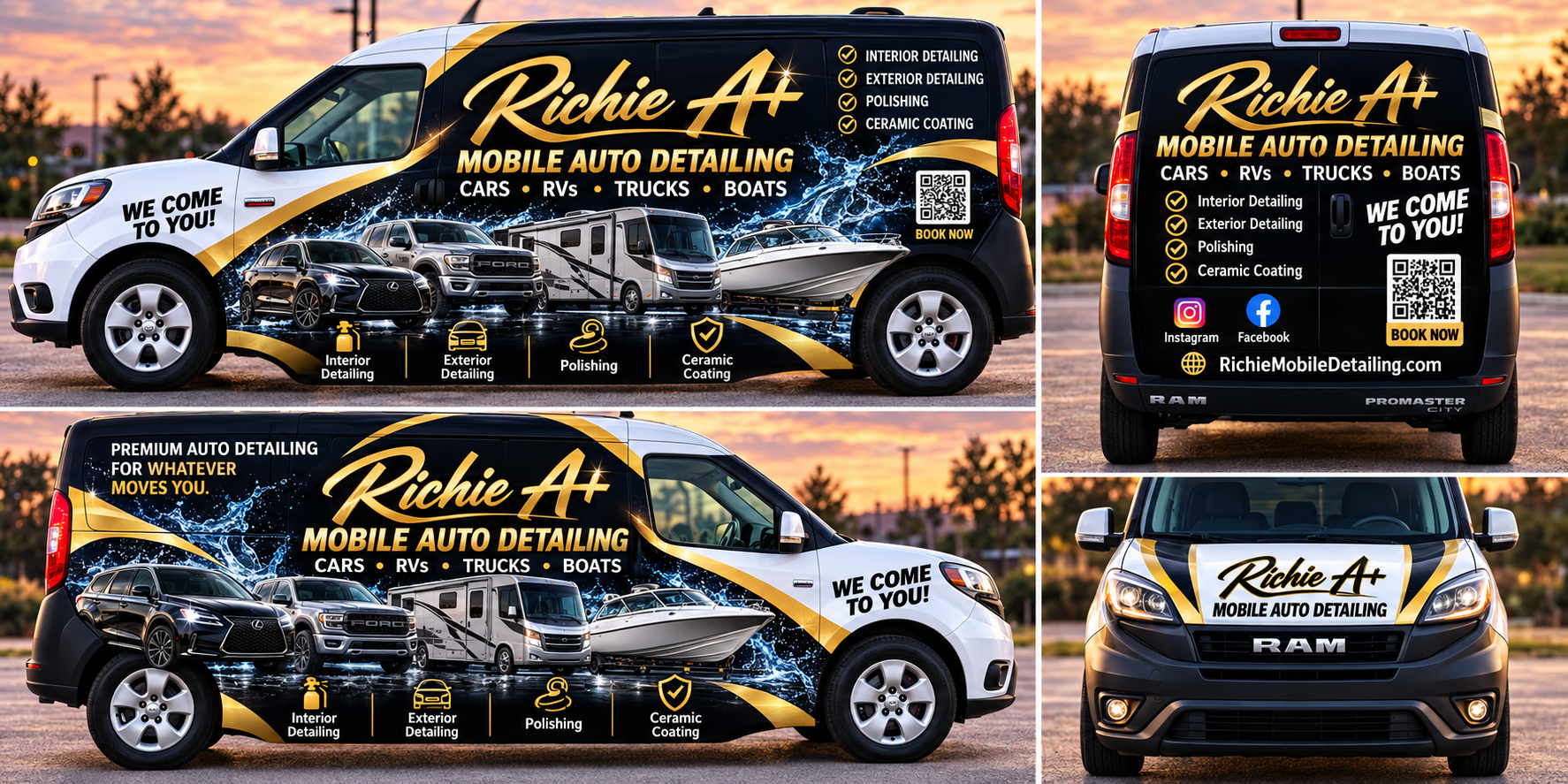 Richie A+ black and gold mobile detailing van design with cars, RV and boat